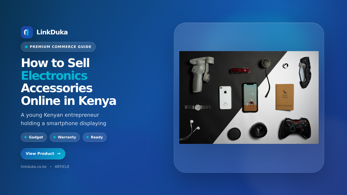 Kenyan small business owner using smartphone to sell electronics accessories online with M-Pesa and social media