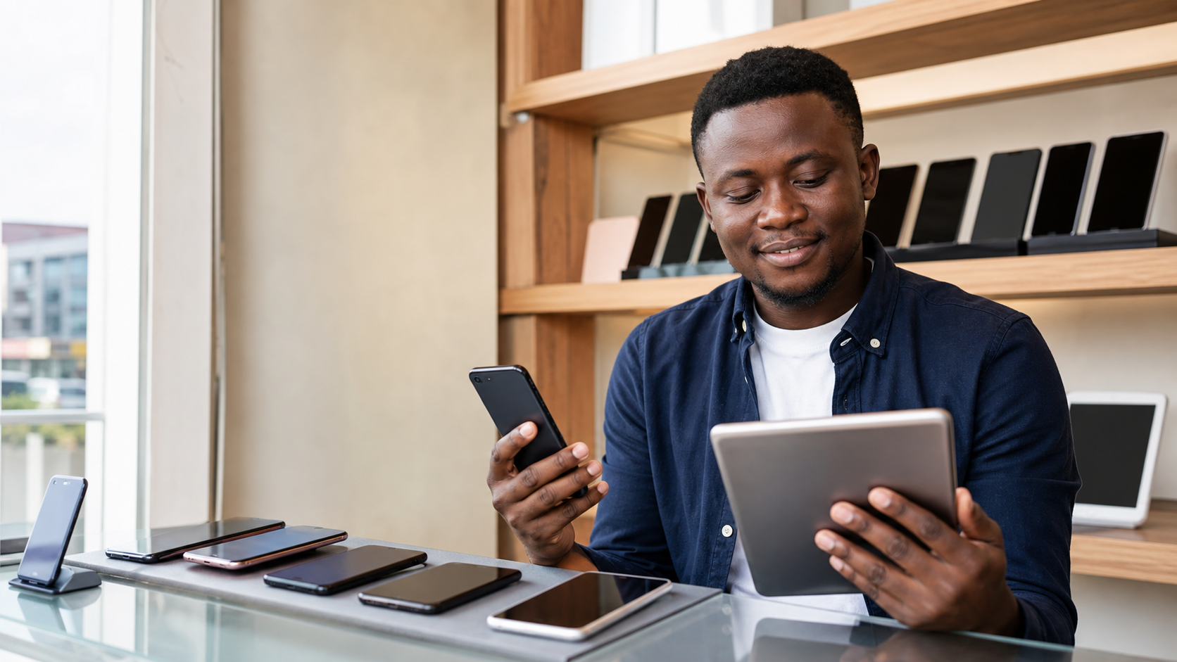 Black Kenyan phone and tablet seller managing an online order in a mobile electronics shop