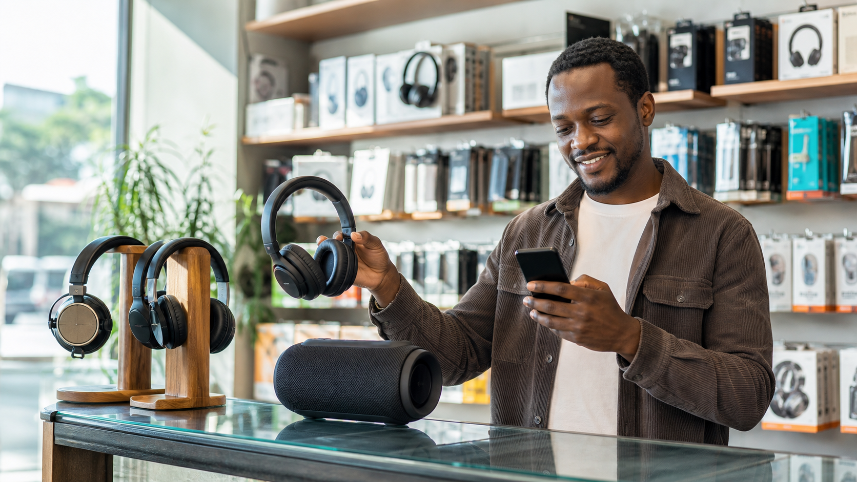 Black Kenyan audio seller presenting headphones and a speaker while managing an online order on a smartphone