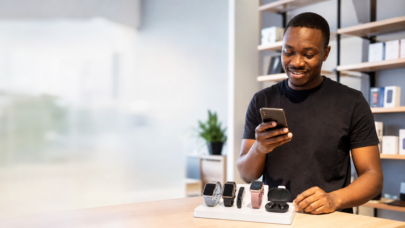 Kenyan seller presenting smartwatches, fitness bands and wireless earbuds